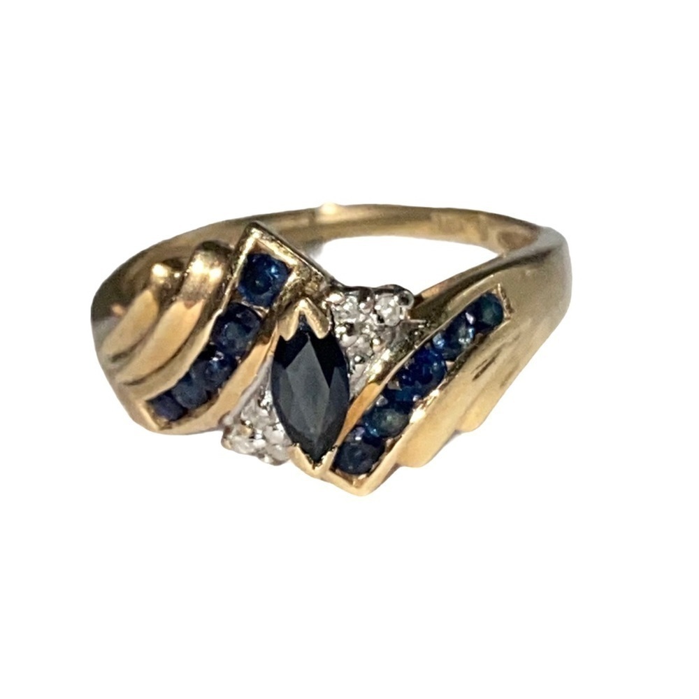 Vintage 10K Gold Cocktail Ring Blue Sapphire Diamond Marquis Cut Mob Wife Size 7
